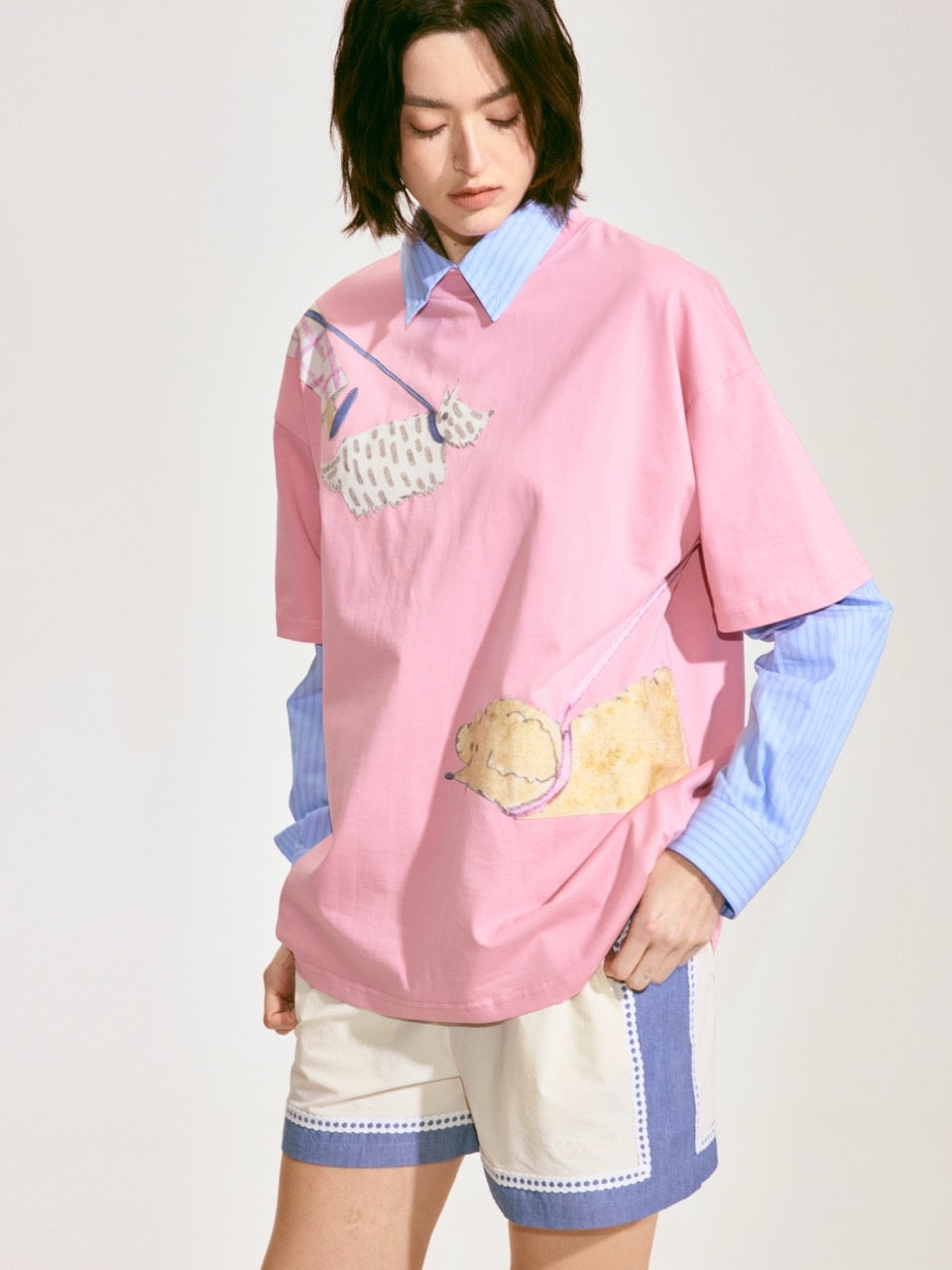 Dog Walking Patched Short-Sleeve T-shirt x Hannah Van Der Weide- Pink