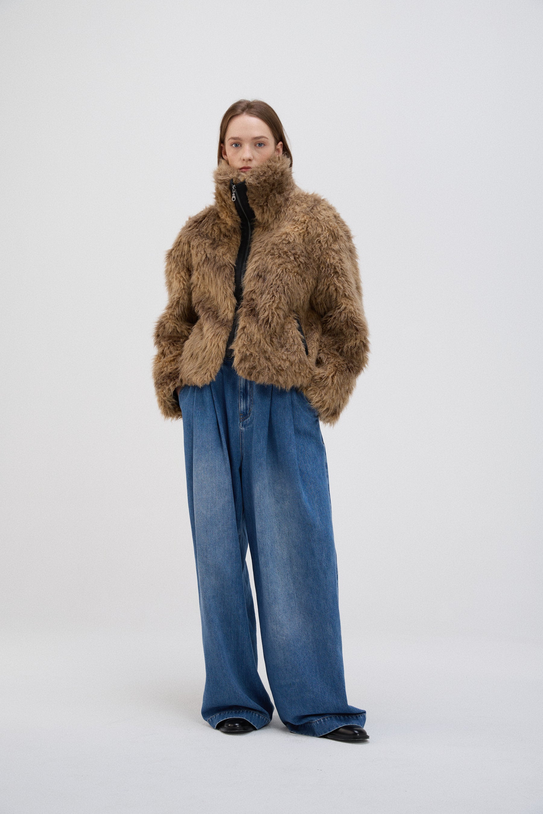 乳牛印花泰迪剪羊毛粗呢大衣 - 棕色