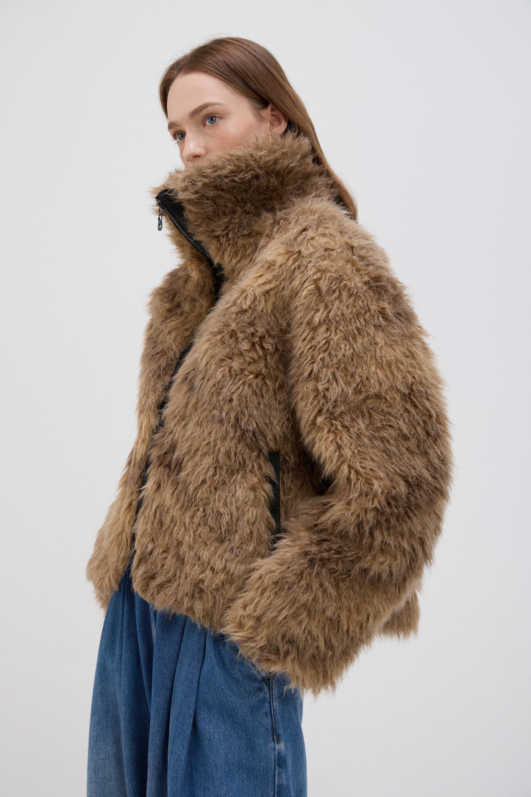 乳牛印花泰迪剪羊毛粗呢大衣 - 棕色