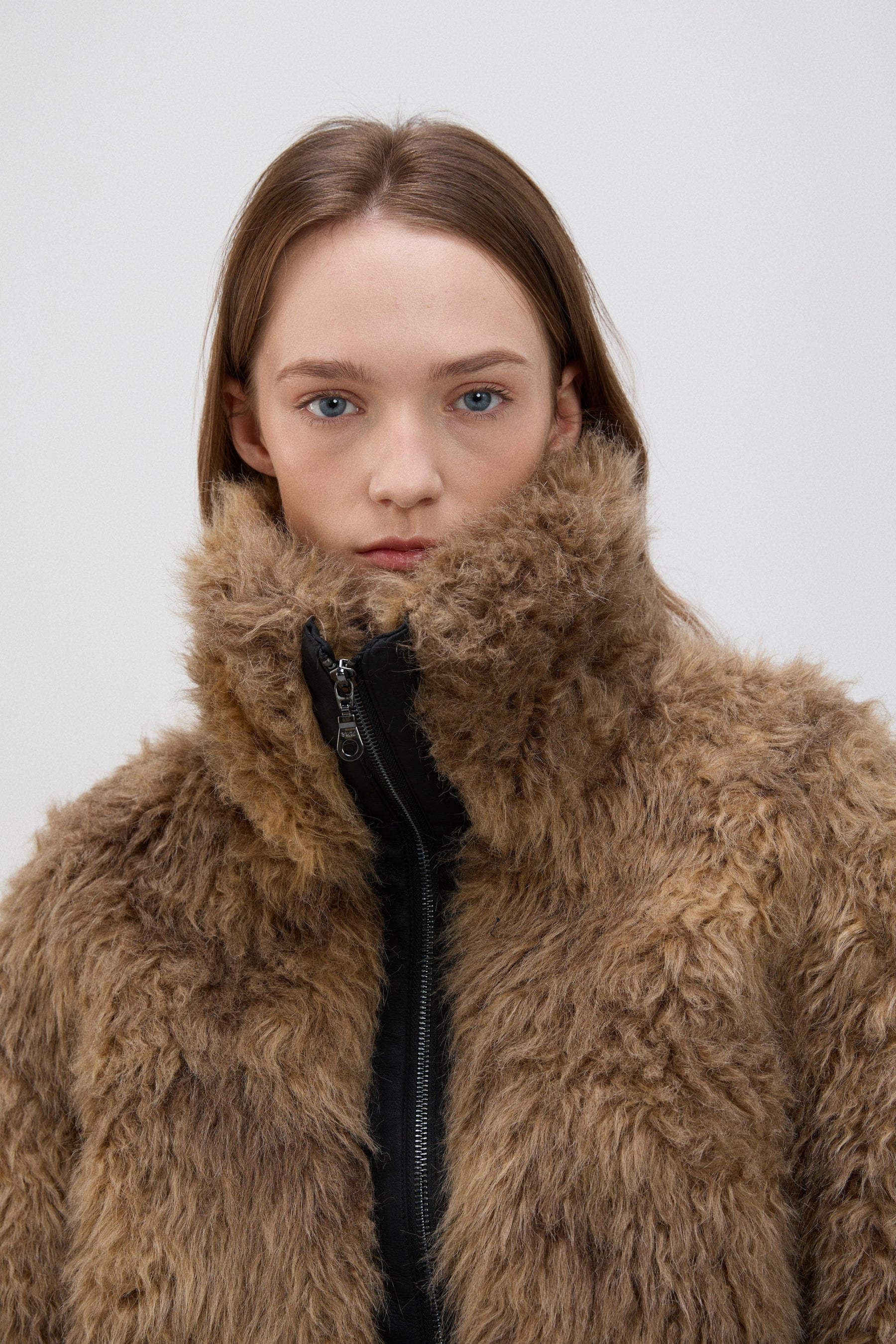 乳牛印花泰迪剪羊毛粗呢大衣 - 棕色