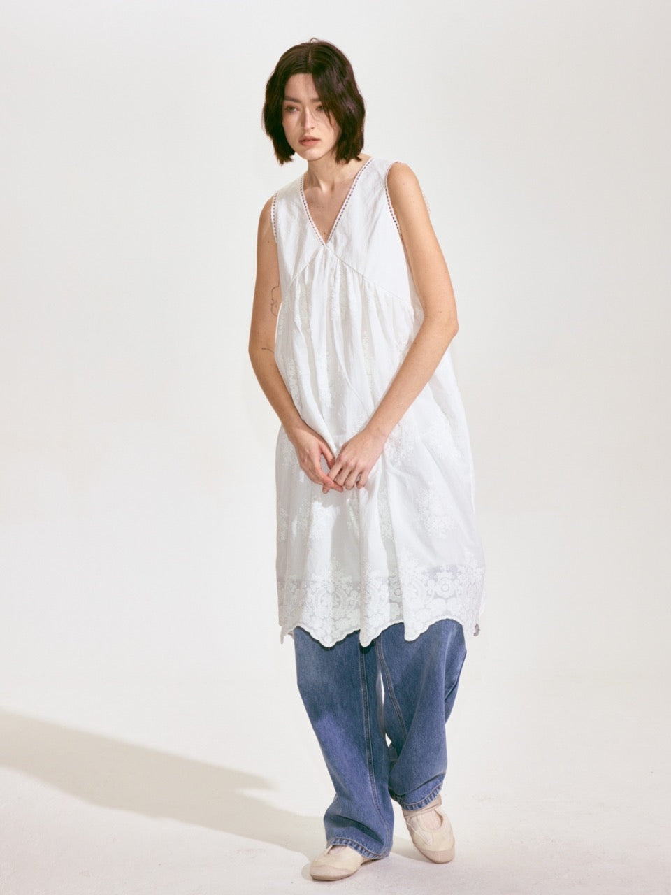 Lace-Embroidered Ramie V-Neck Dress