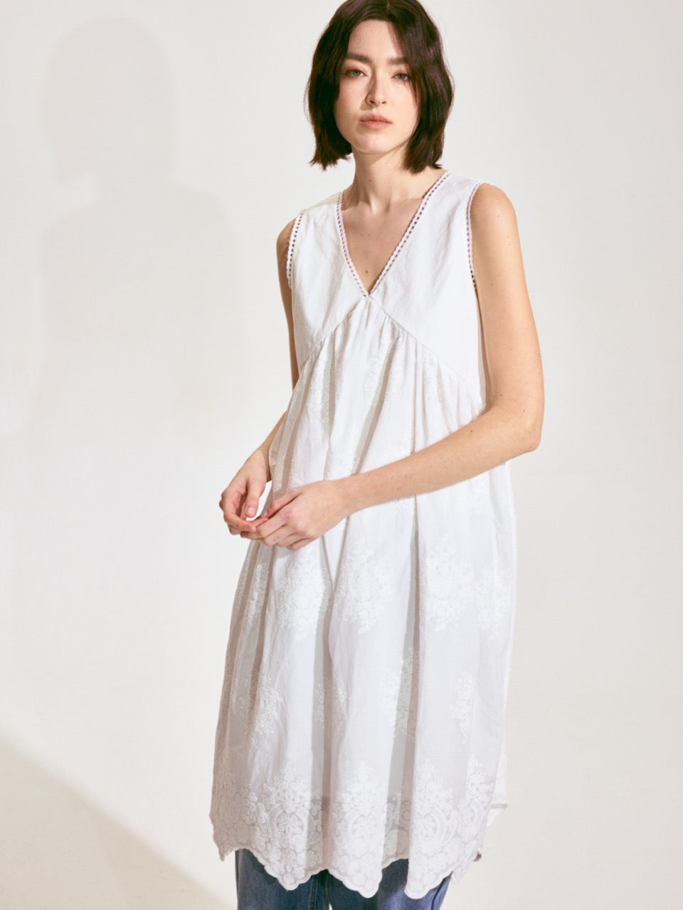 Lace-Embroidered Ramie V-Neck Dress