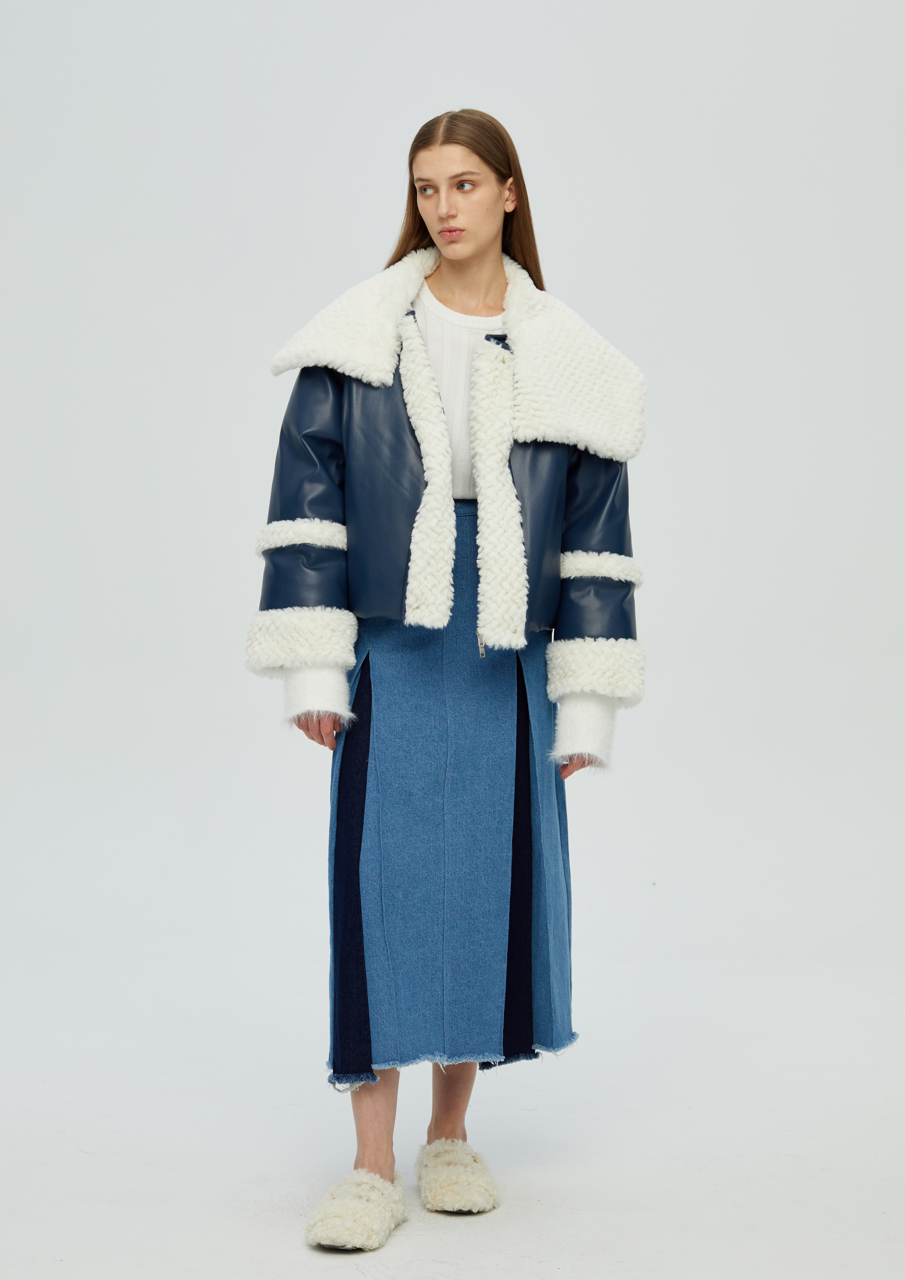 純素皮革泰迪羽絨外套 - 藍色