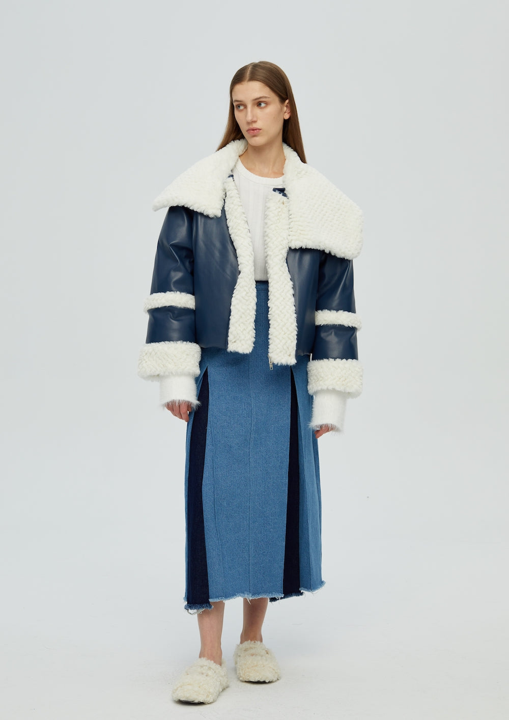 純素皮革泰迪羽絨外套 - 藍色