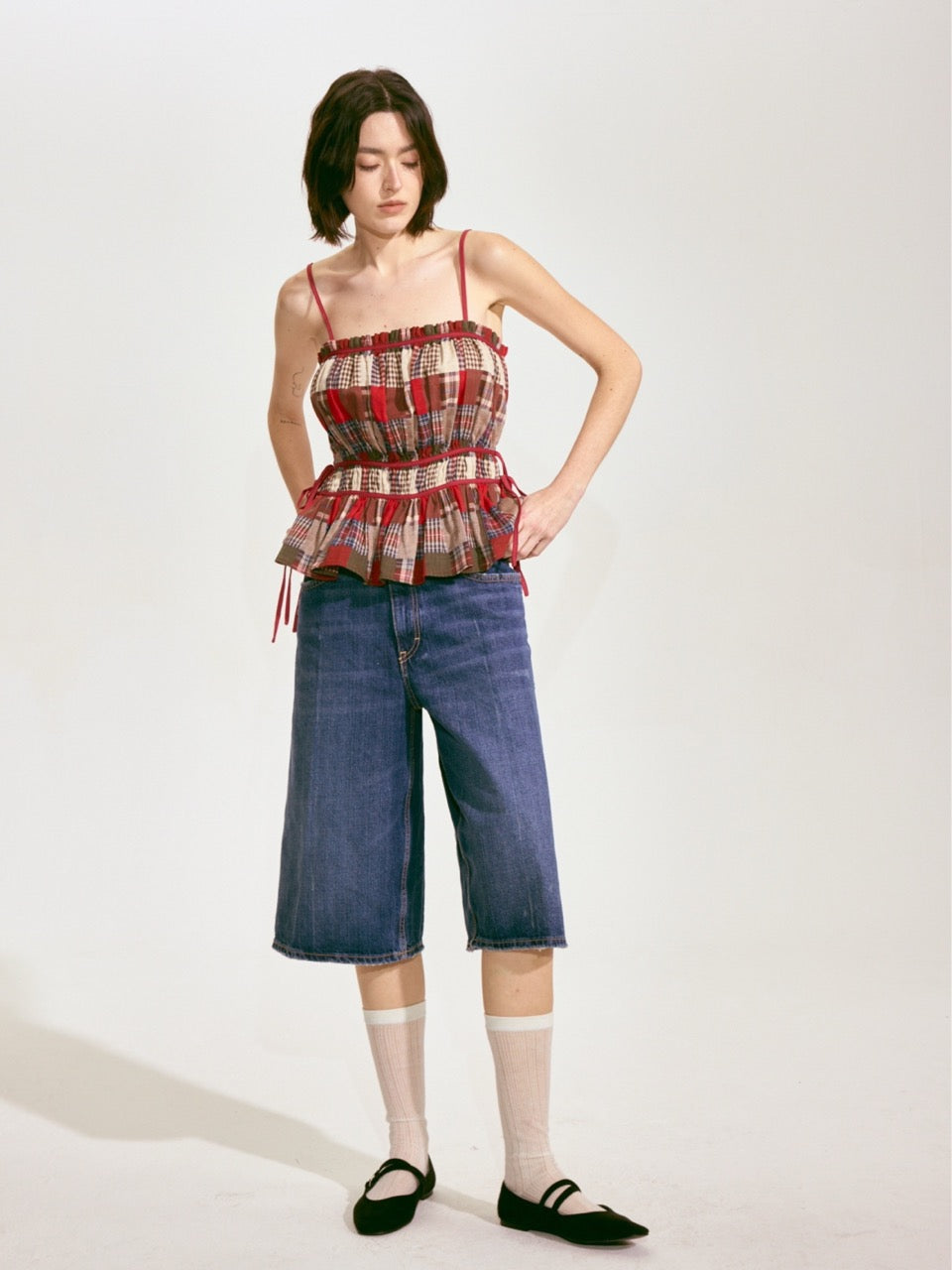 Patchwork Plaid Lace-Up Camisole