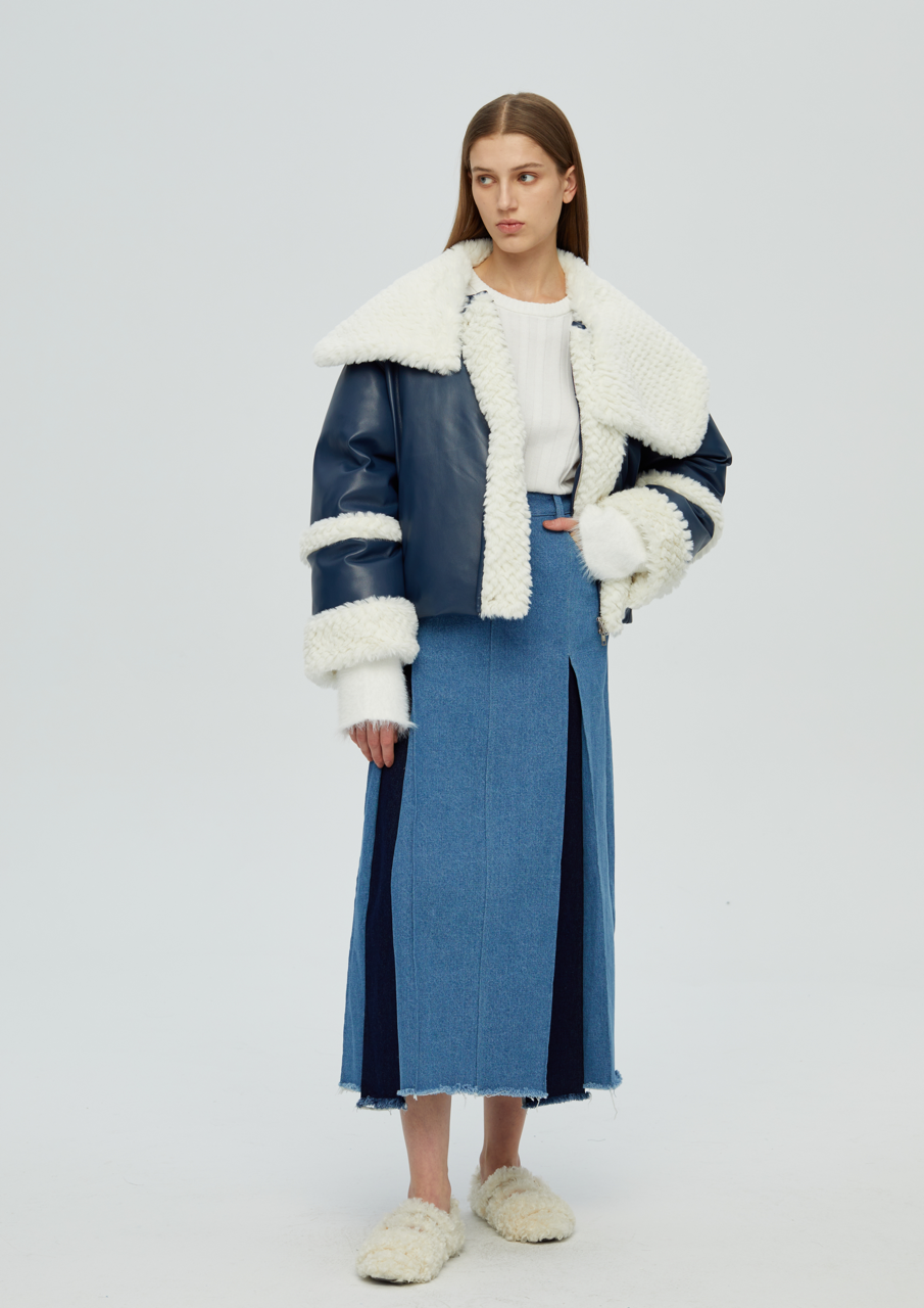 純素皮革泰迪羽絨外套 - 藍色