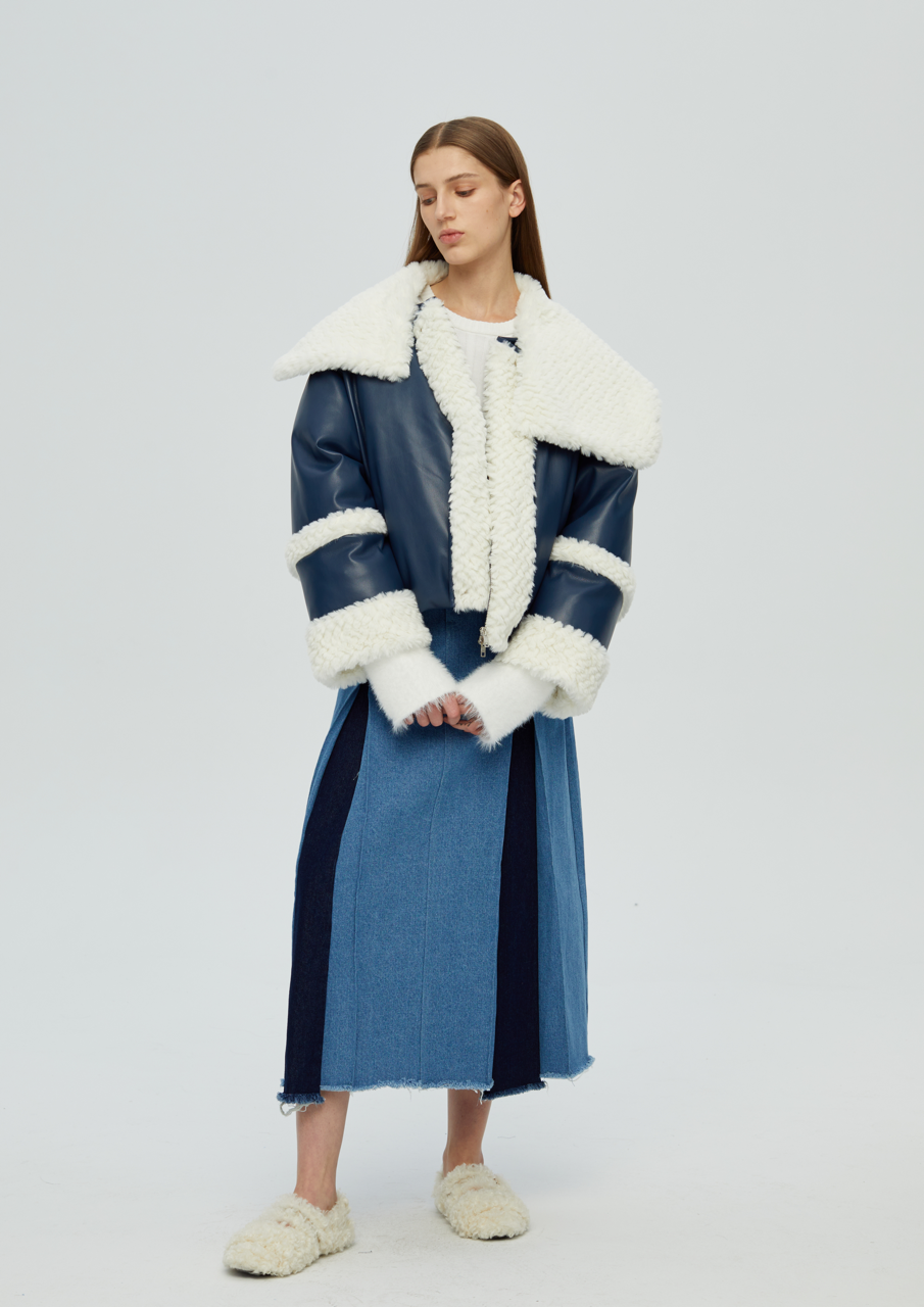 純素皮革泰迪羽絨外套 - 藍色