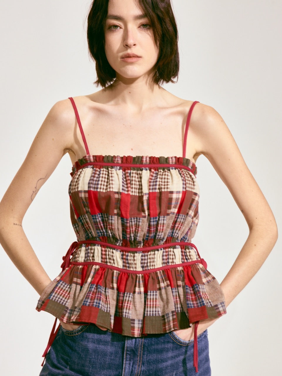 Patchwork Plaid Lace-Up Camisole