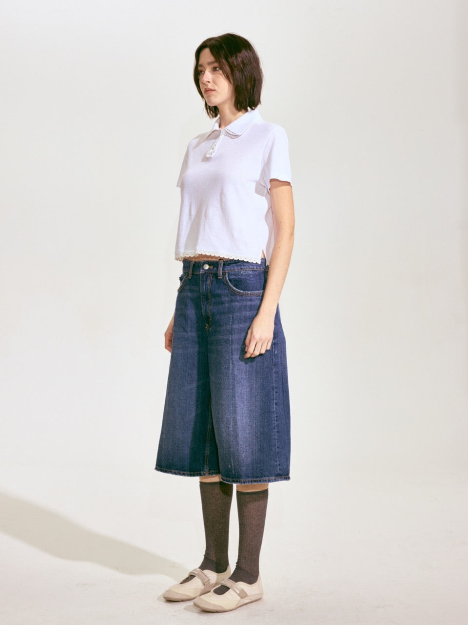 Scalloped Knit Collar Short-Sleeve Top - White