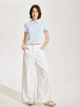 Scalloped Knit Collar Short-Sleeve Top - Blue