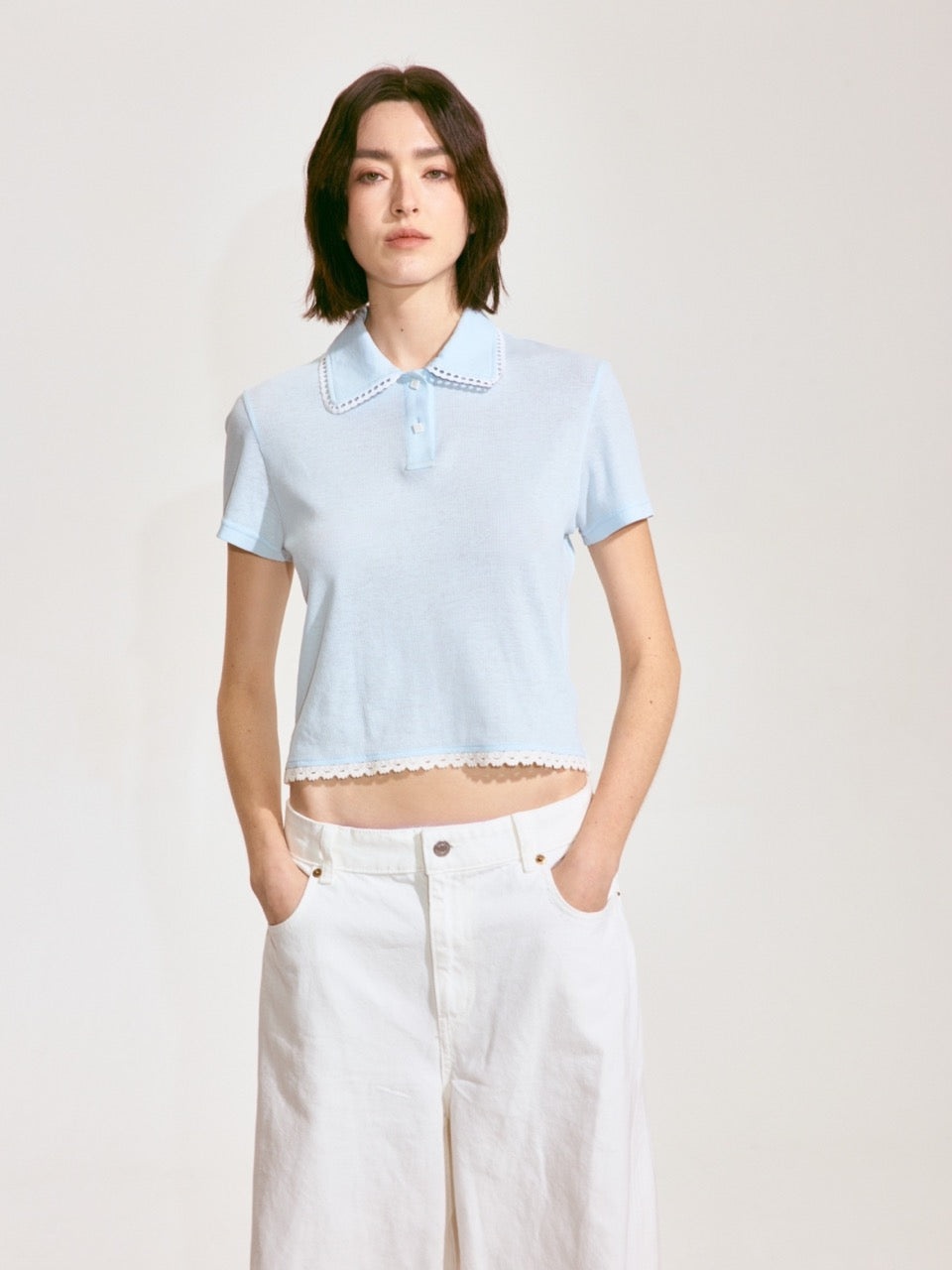 Scalloped Knit Collar Short-Sleeve Top - Blue