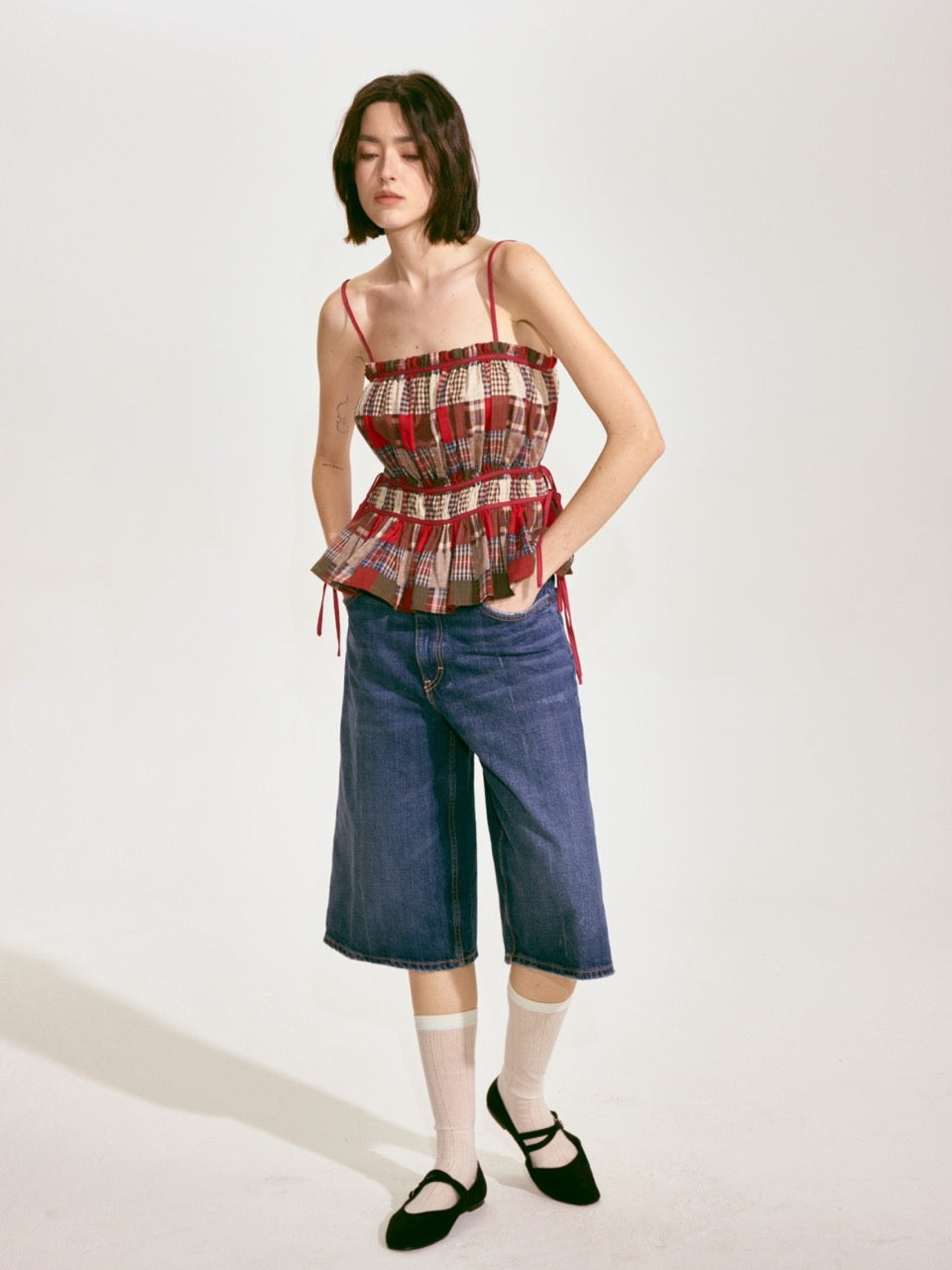 Patchwork Plaid Lace-Up Camisole