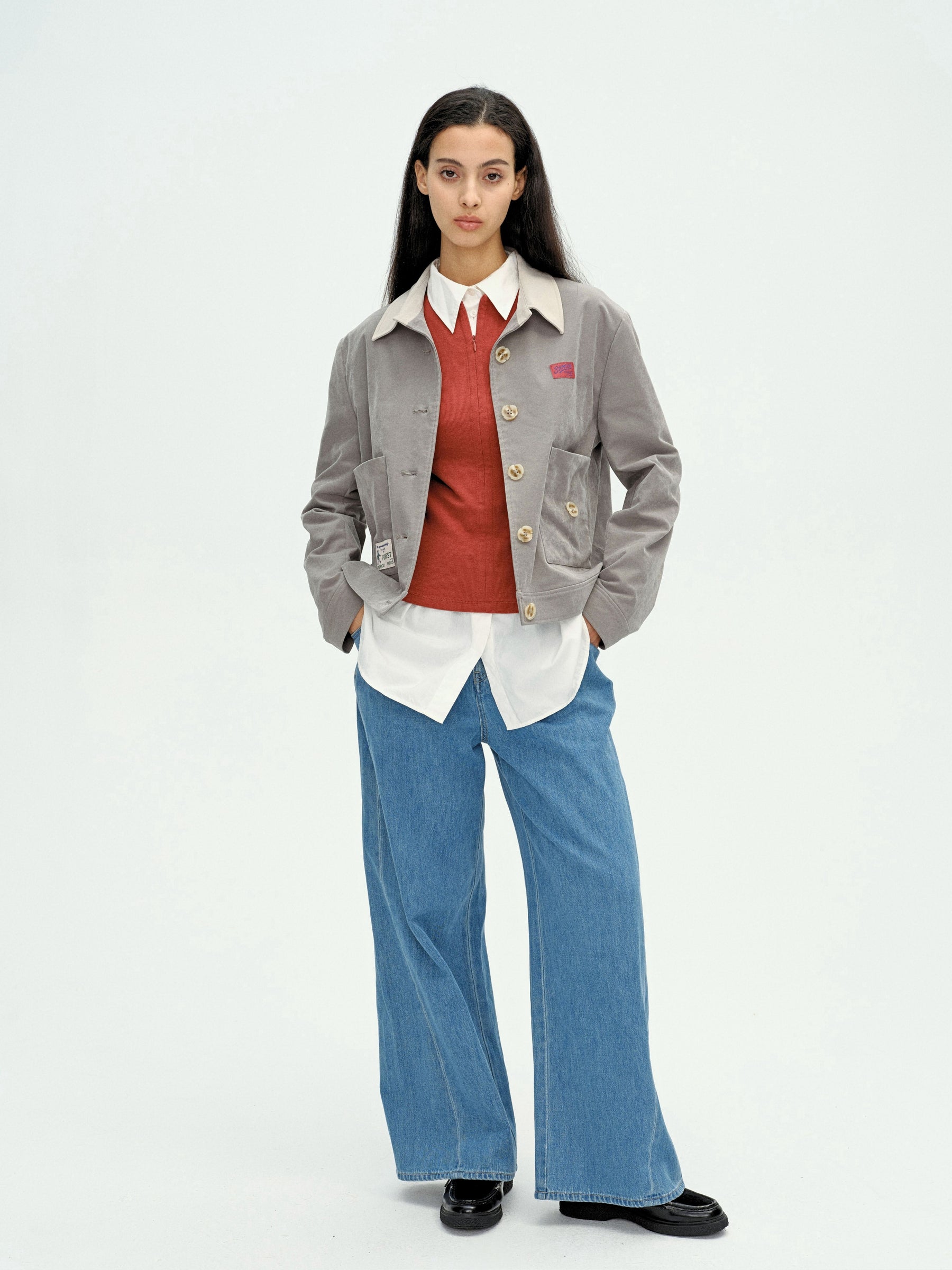 Appliqué Boxy Short Jacket Grey