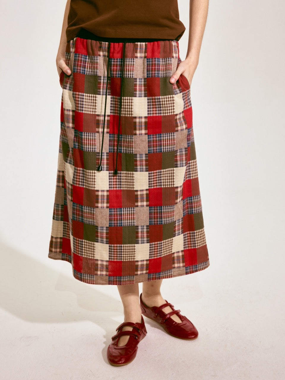 Patchwork Plaid Lace-Up Skirt
