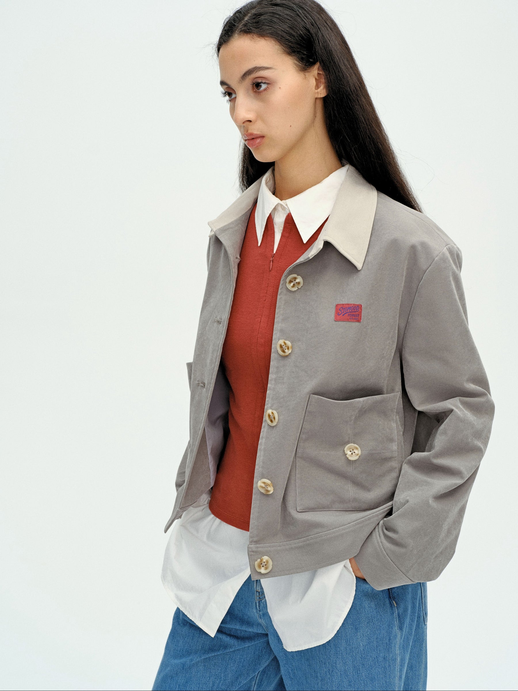 Appliqué Boxy Short Jacket Grey