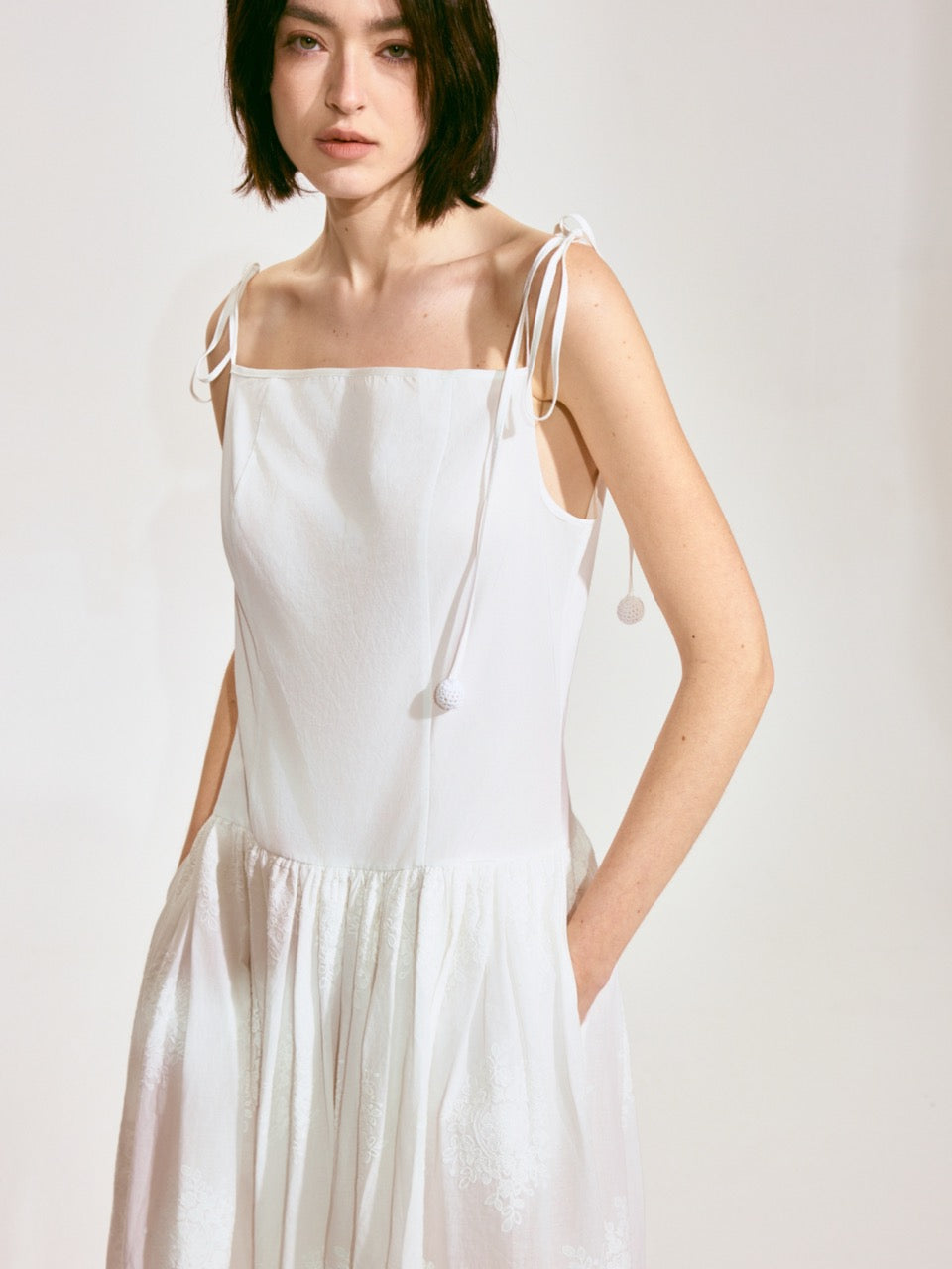 Lace-Embroidered Ramie Camisole Dress