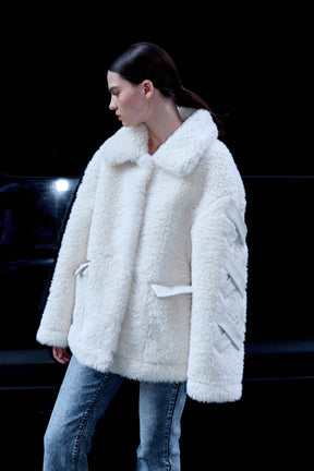 Teddy Shearling Bow Coat - White