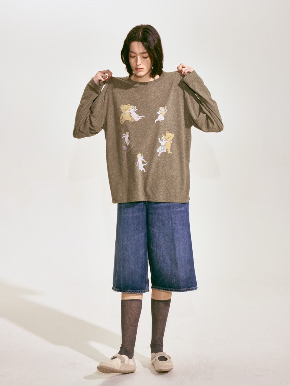 Bear with Angel Long Sleeve Linen Tee 2 colors