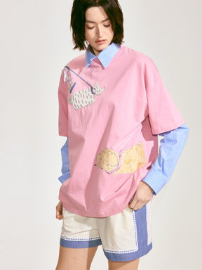Dog Walking Patched Short-Sleeve T-shirt x Hannah Van Der Weide- Pink