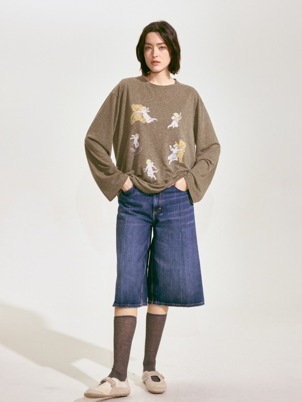 Bear with Angel Long Sleeve Linen Tee 2 colors