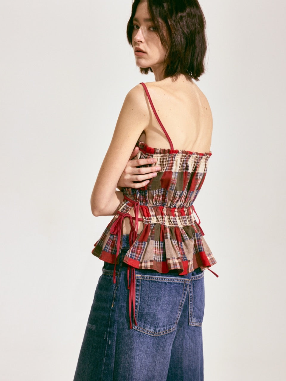 Patchwork Plaid Lace-Up Camisole