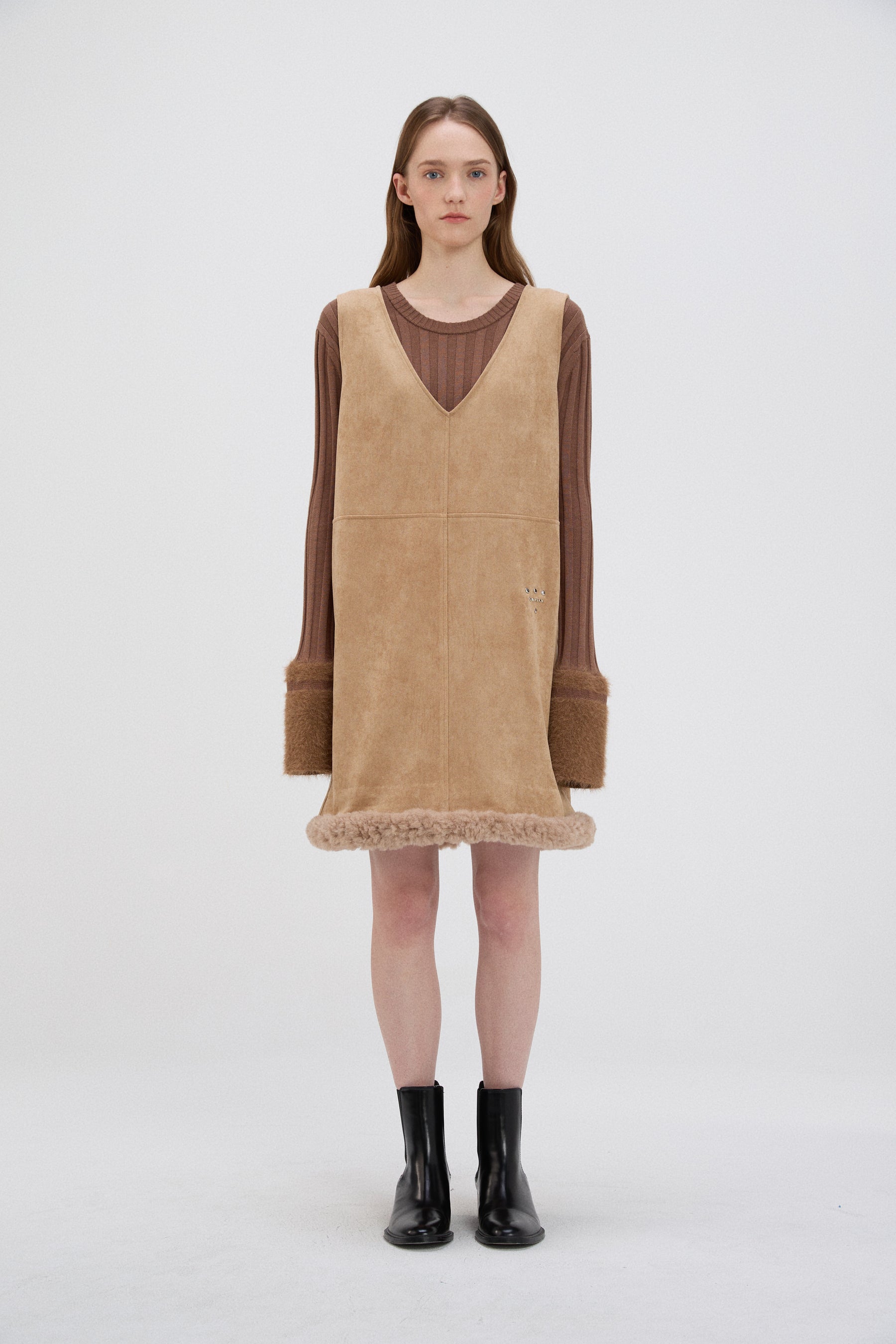 Shearling Trimmed Suede Dress