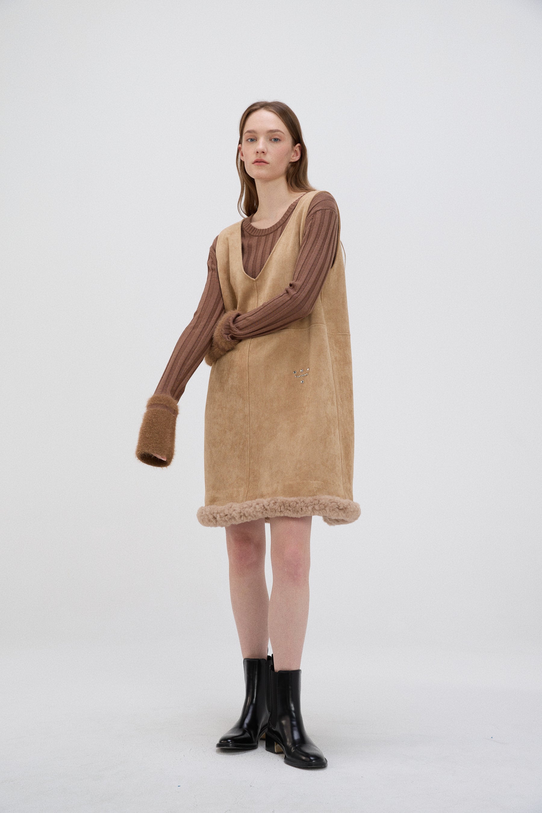 Shearling Trimmed Suede Dress