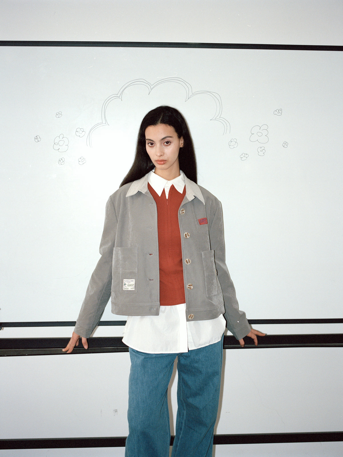 Appliqué Boxy Short Jacket Grey