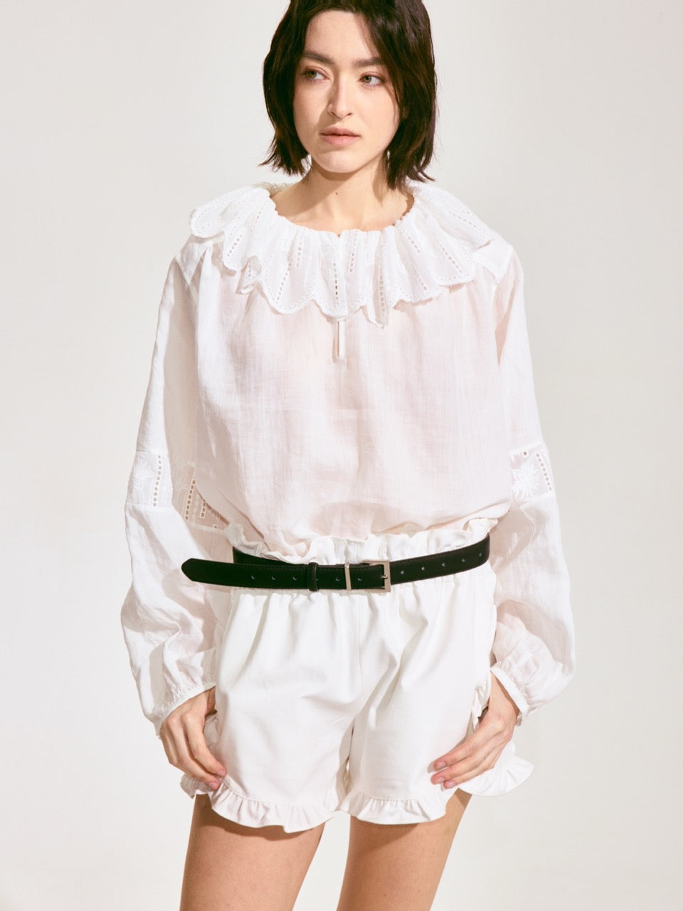 Embroidered Ruffle Collar Linen Blouse