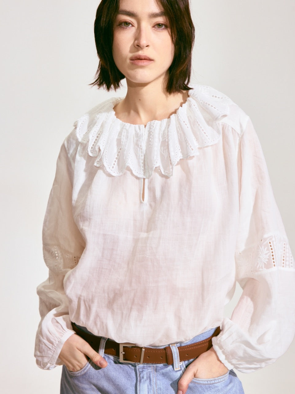 Embroidered Ruffle Collar Linen Blouse