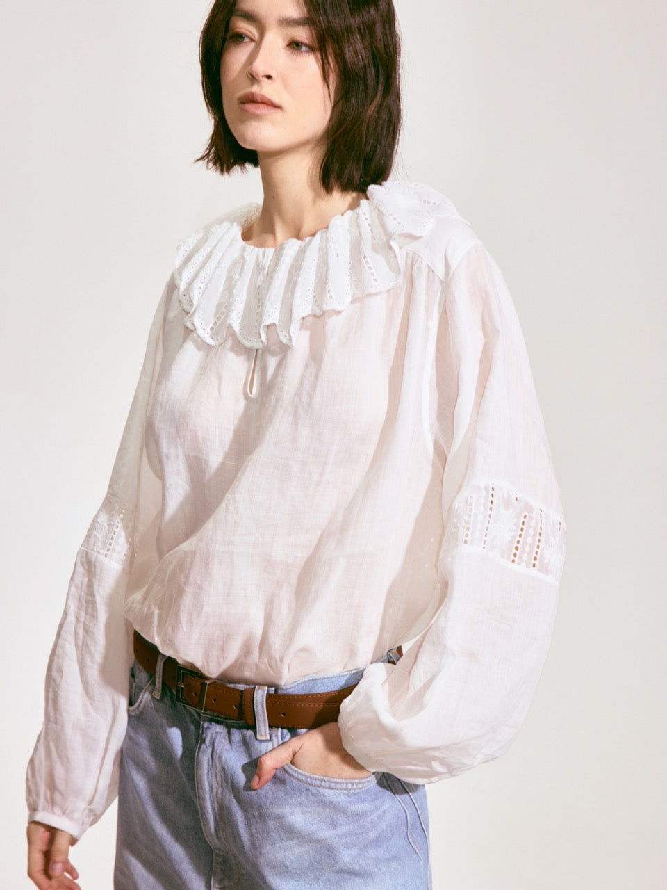 Embroidered Ruffle Collar Linen Blouse