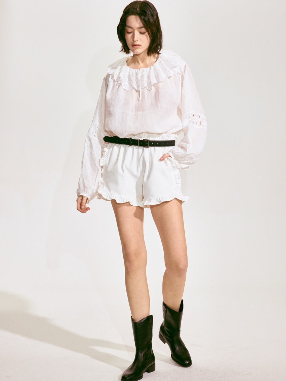 Embroidered Ruffle Collar Linen Blouse