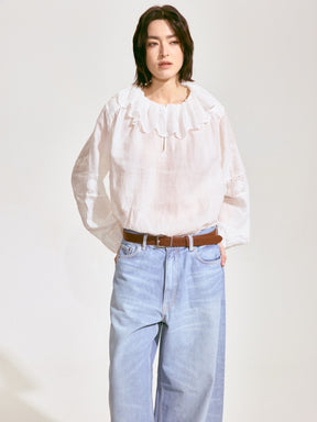 Embroidered Ruffle Collar Linen Blouse