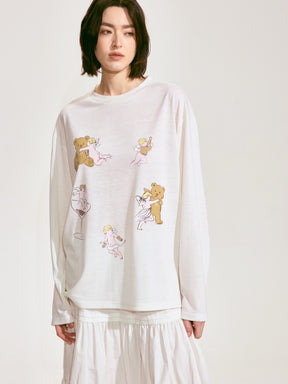 Bear with Angel Long Sleeve Linen Tee 2 colors