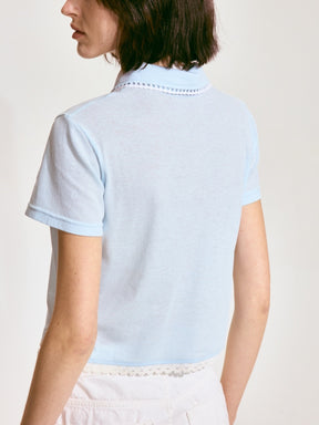Scalloped Knit Collar Short-Sleeve Top - Blue