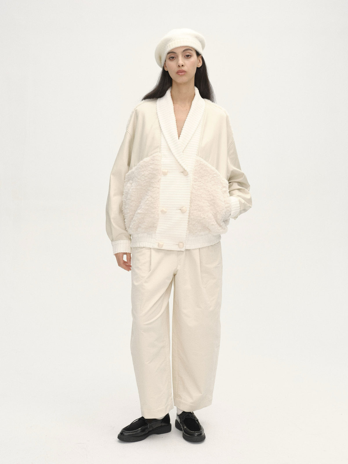 Curved Collar Panelled Leather  Teddy Jacket