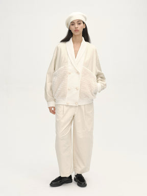 Curved Collar Panelled Leather  Teddy Jacket