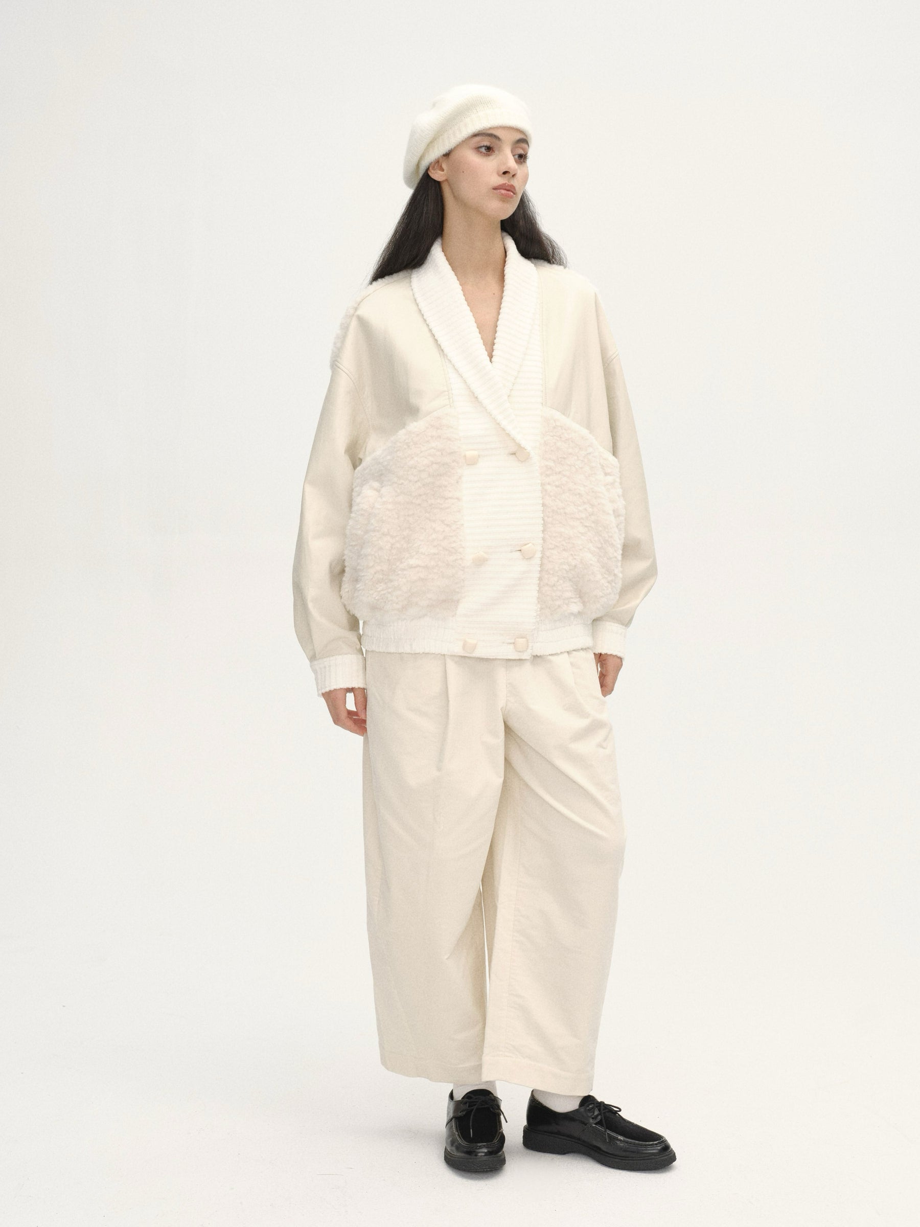 Curved Collar Panelled Leather  Teddy Jacket