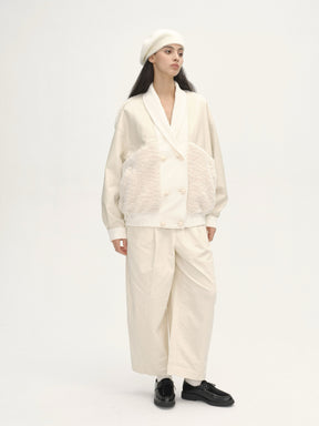 Curved Collar Panelled Leather  Teddy Jacket