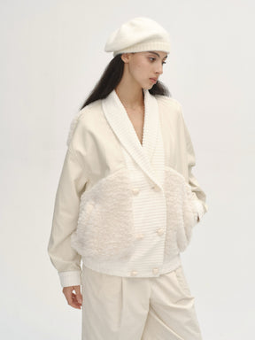 Curved Collar Panelled Leather  Teddy Jacket