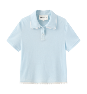 Scalloped Knit Collar Short-Sleeve Top - Blue