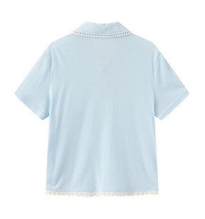 Scalloped Knit Collar Short-Sleeve Top - Blue