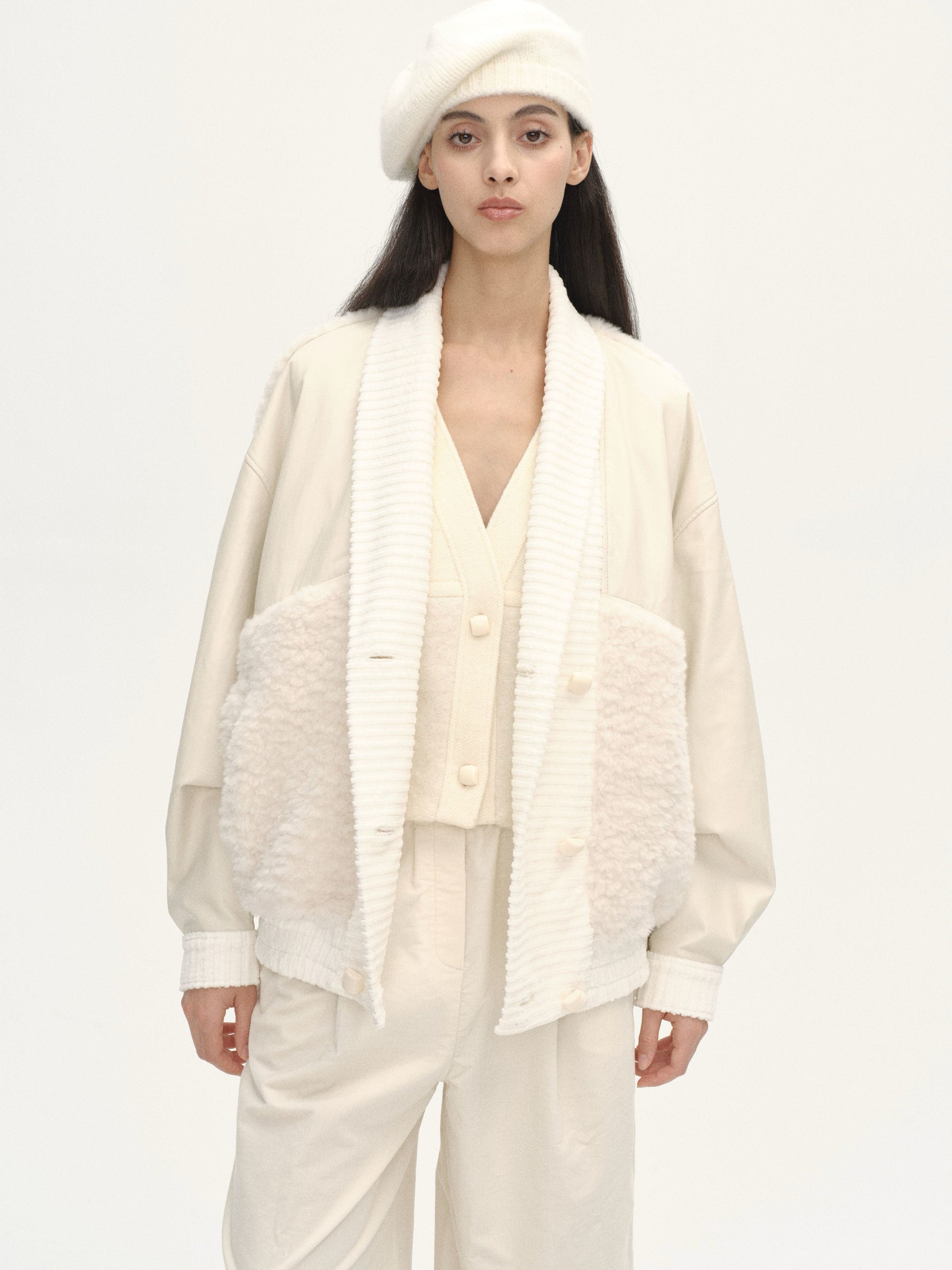 Curved Collar Panelled Leather  Teddy Jacket