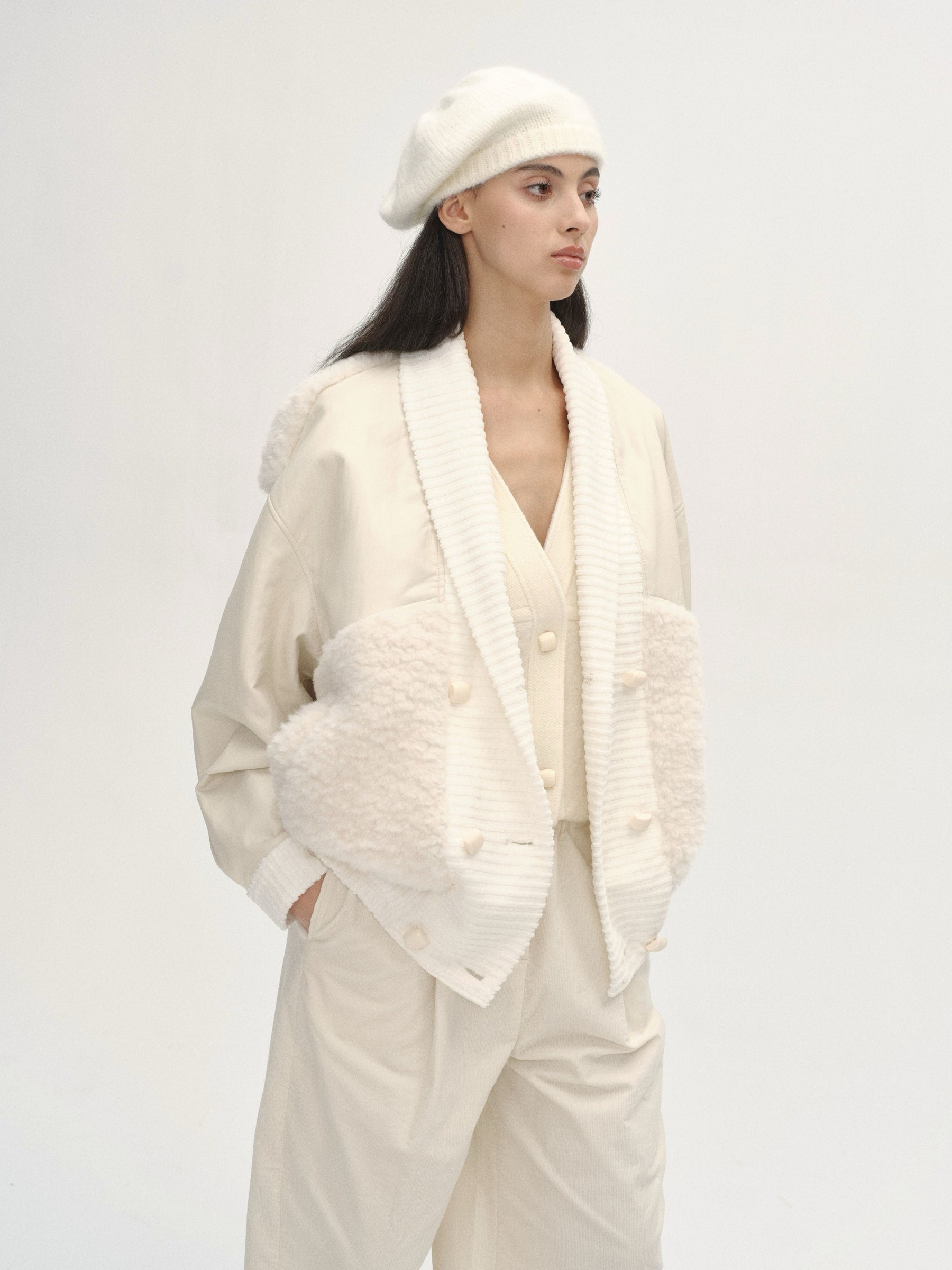 Curved Collar Panelled Leather  Teddy Jacket