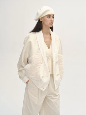 Curved Collar Panelled Leather  Teddy Jacket