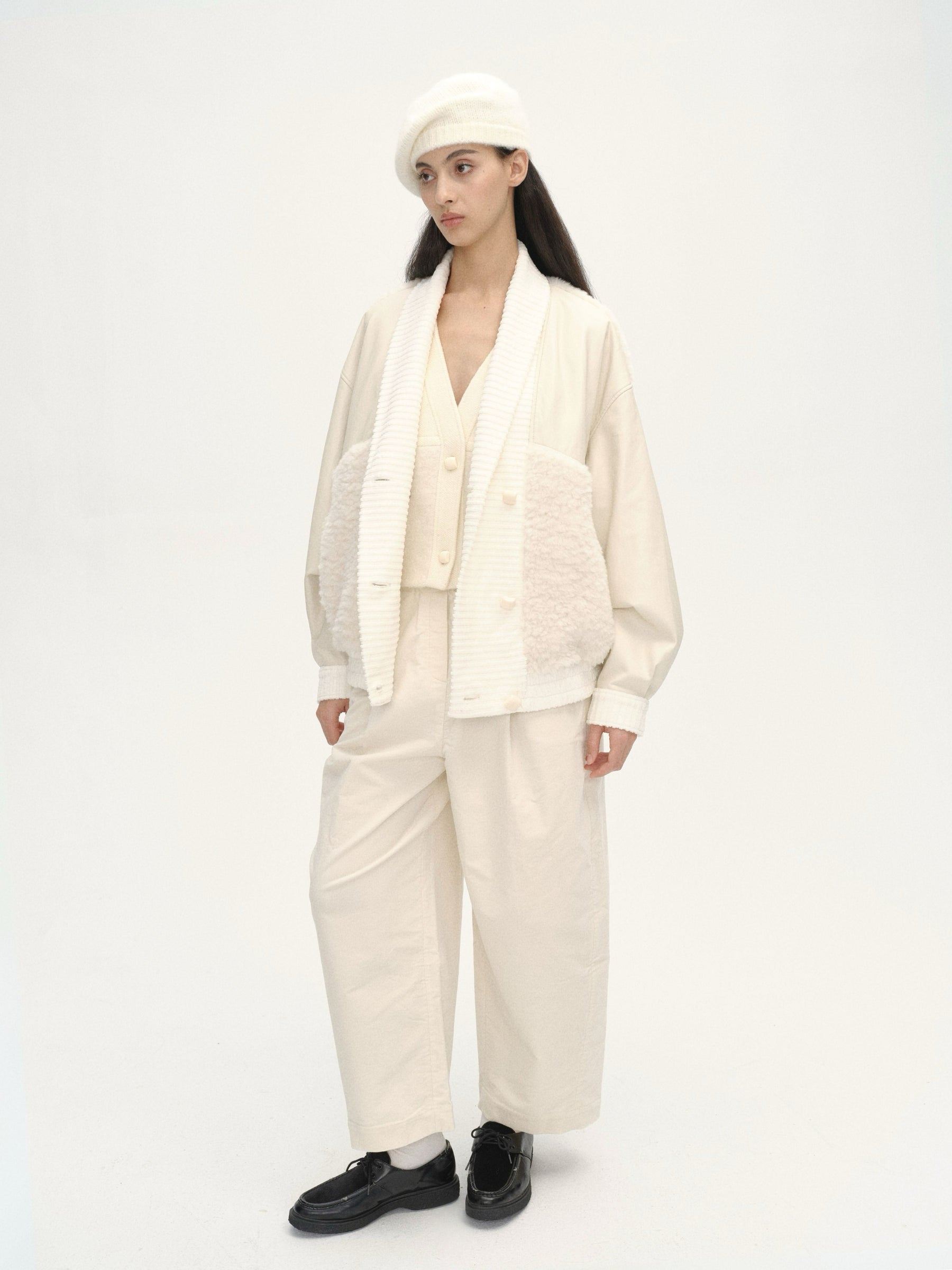 Curved Collar Panelled Leather  Teddy Jacket