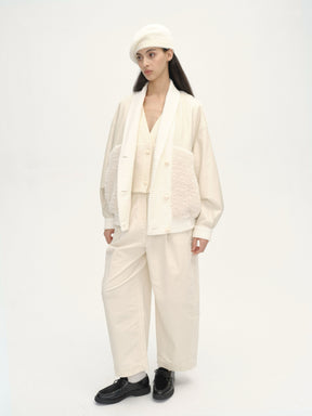 Curved Collar Panelled Leather  Teddy Jacket