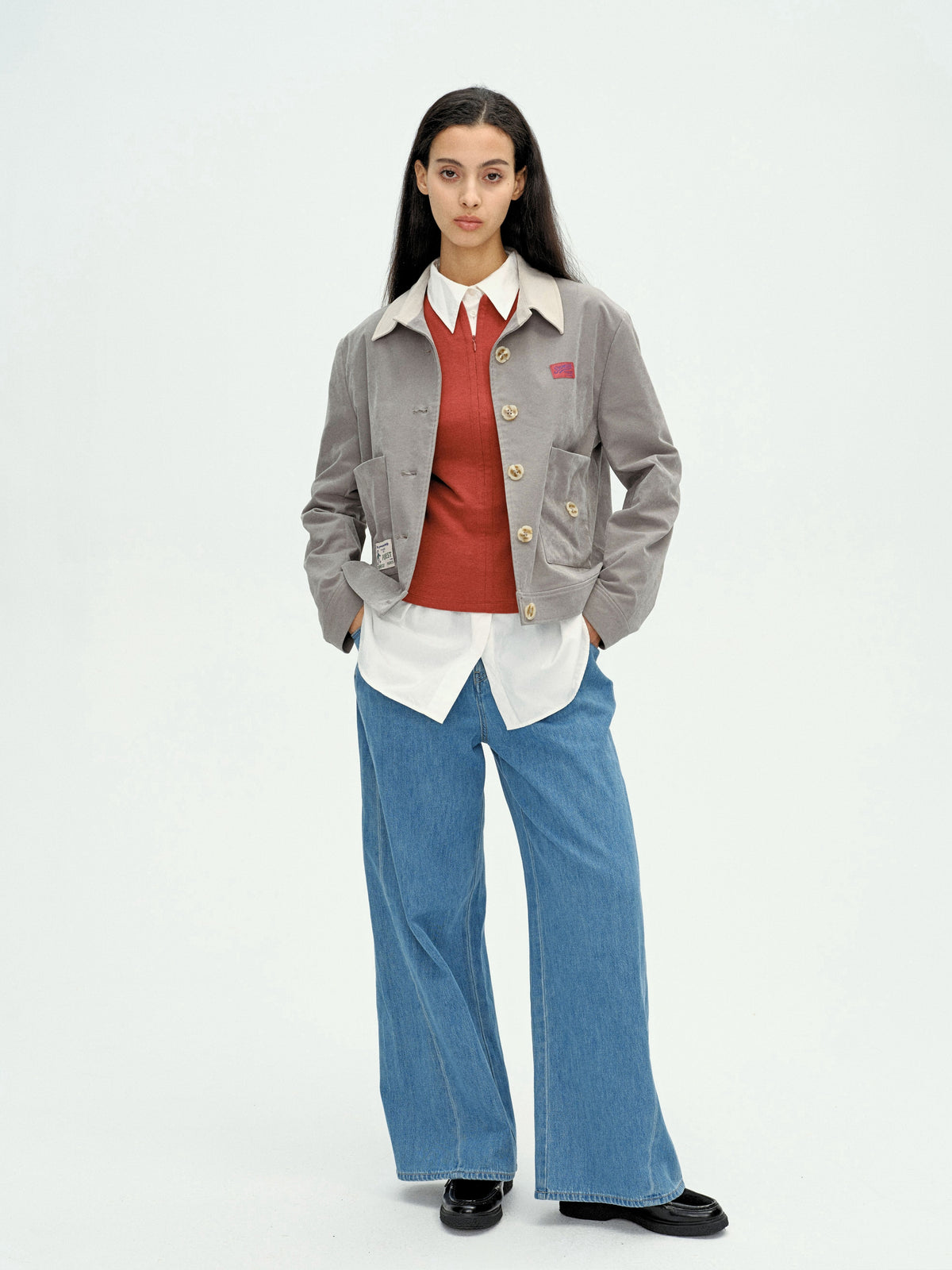 Appliqué Boxy Short Jacket Grey