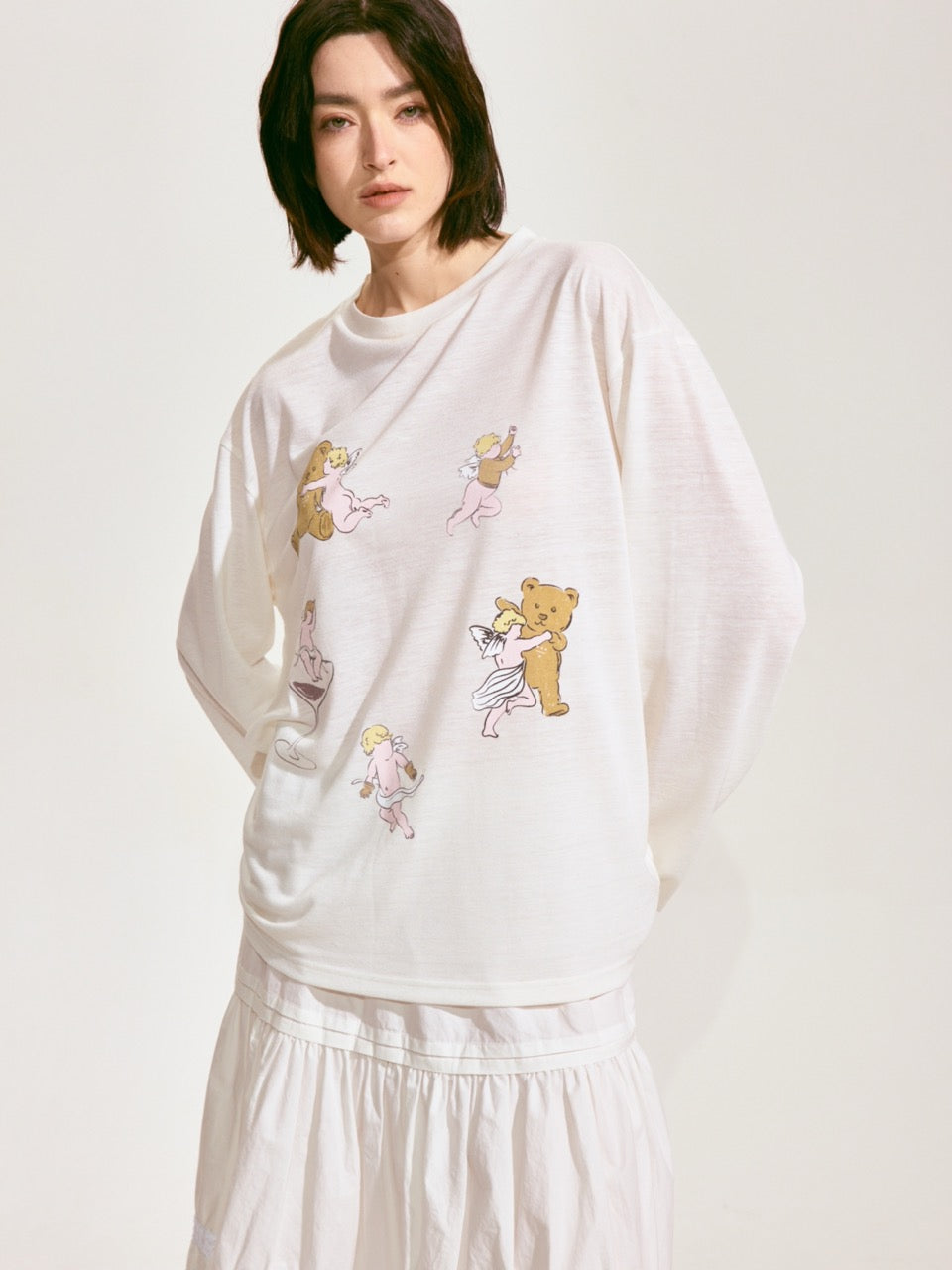 Bear with Angel Long Sleeve Linen Tee 2 colors