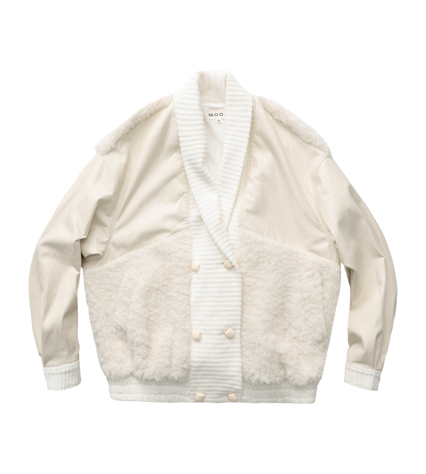 Curved Collar Panelled Leather  Teddy Jacket